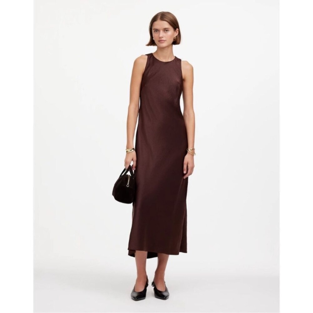 Madewell Ameera Dress - Drapey Satin Sleeveless Midi Dress Dark Carob Size 6 NWT